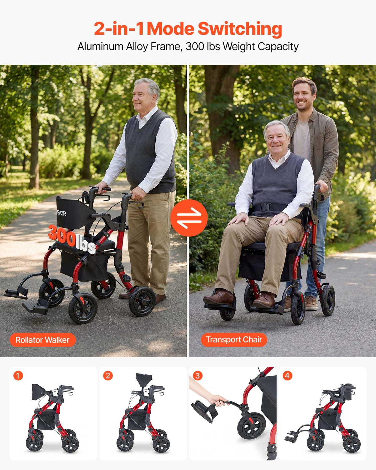 2-in-1 Foldable Aluminum Rollator Walker & Transport Chair Z845