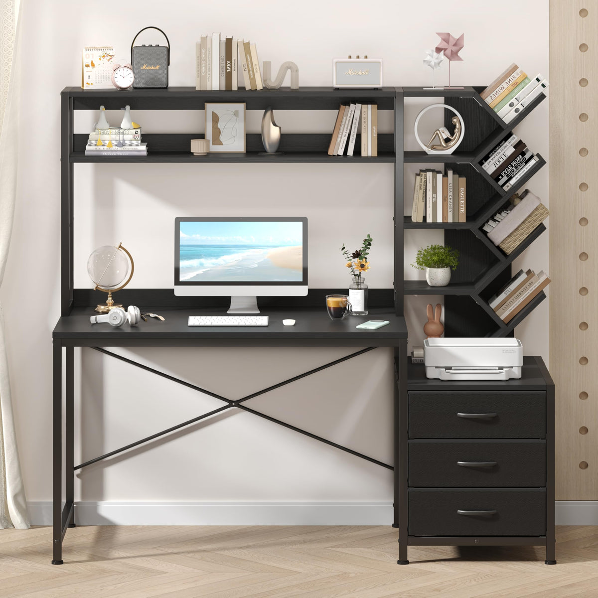 52" Computer Desk with Bookshelf, 3 Drawers & Hutch A305737