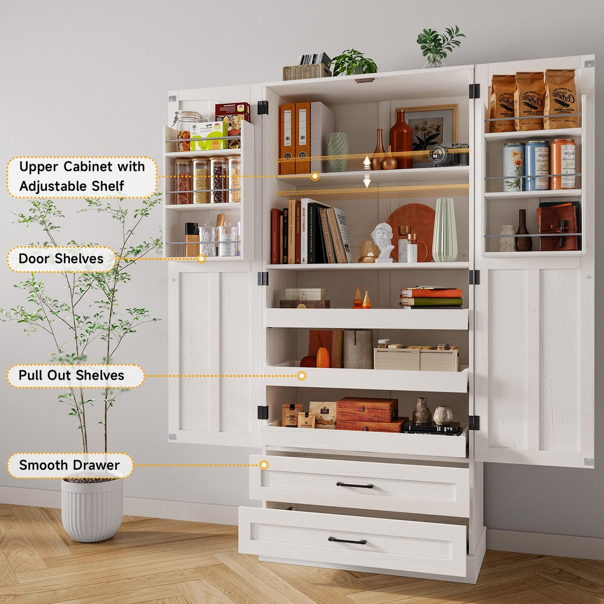 71" Off-White Kitchen Pantry Cabinet with 3 Pull-Out Shelf & 2 Drawer R203261