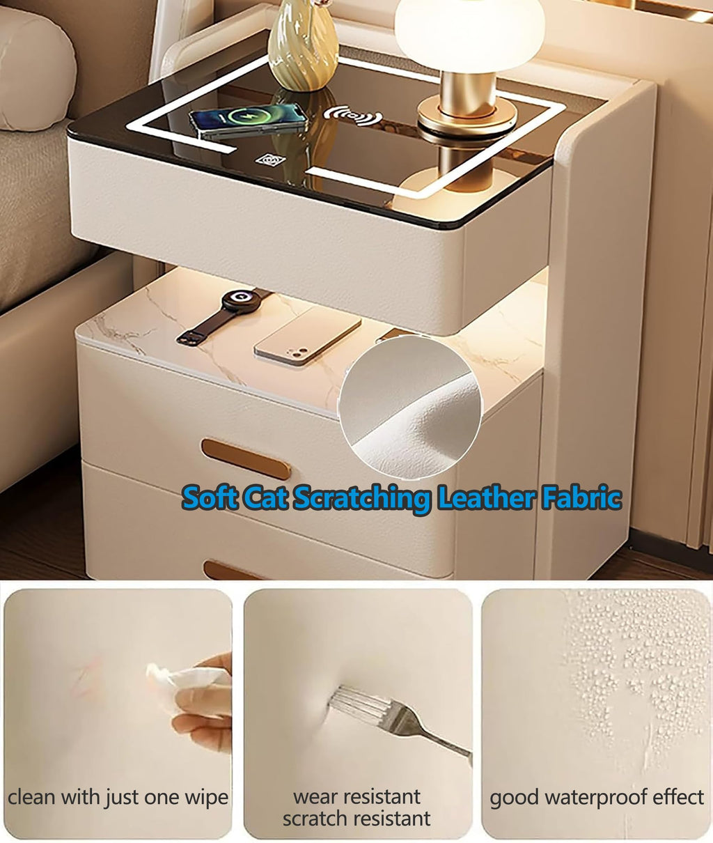 Smart Nightstand with 2 Storage Drawer, Wireless Charging Station, 3-Color Adjustable LED Light, Solid Wood Side Table K7391