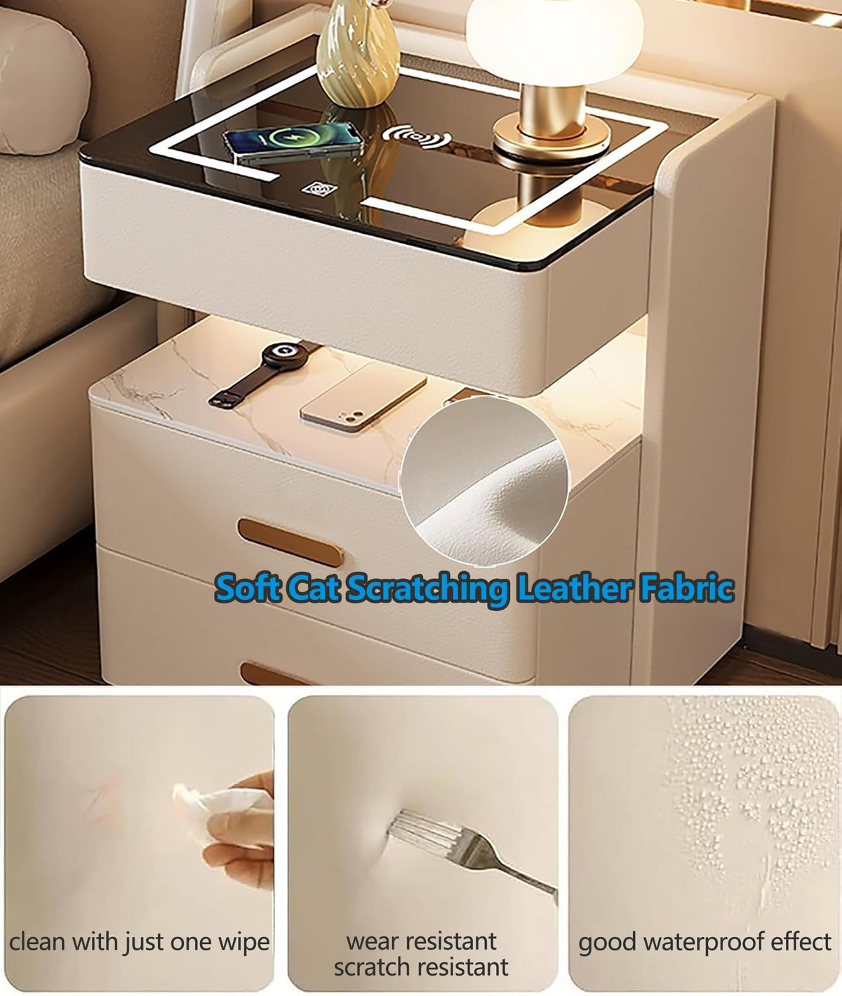 Smart Nightstand with 2 Storage Drawer, Wireless Charging Station, 3-Color Adjustable LED Light, Solid Wood Side Table K7391