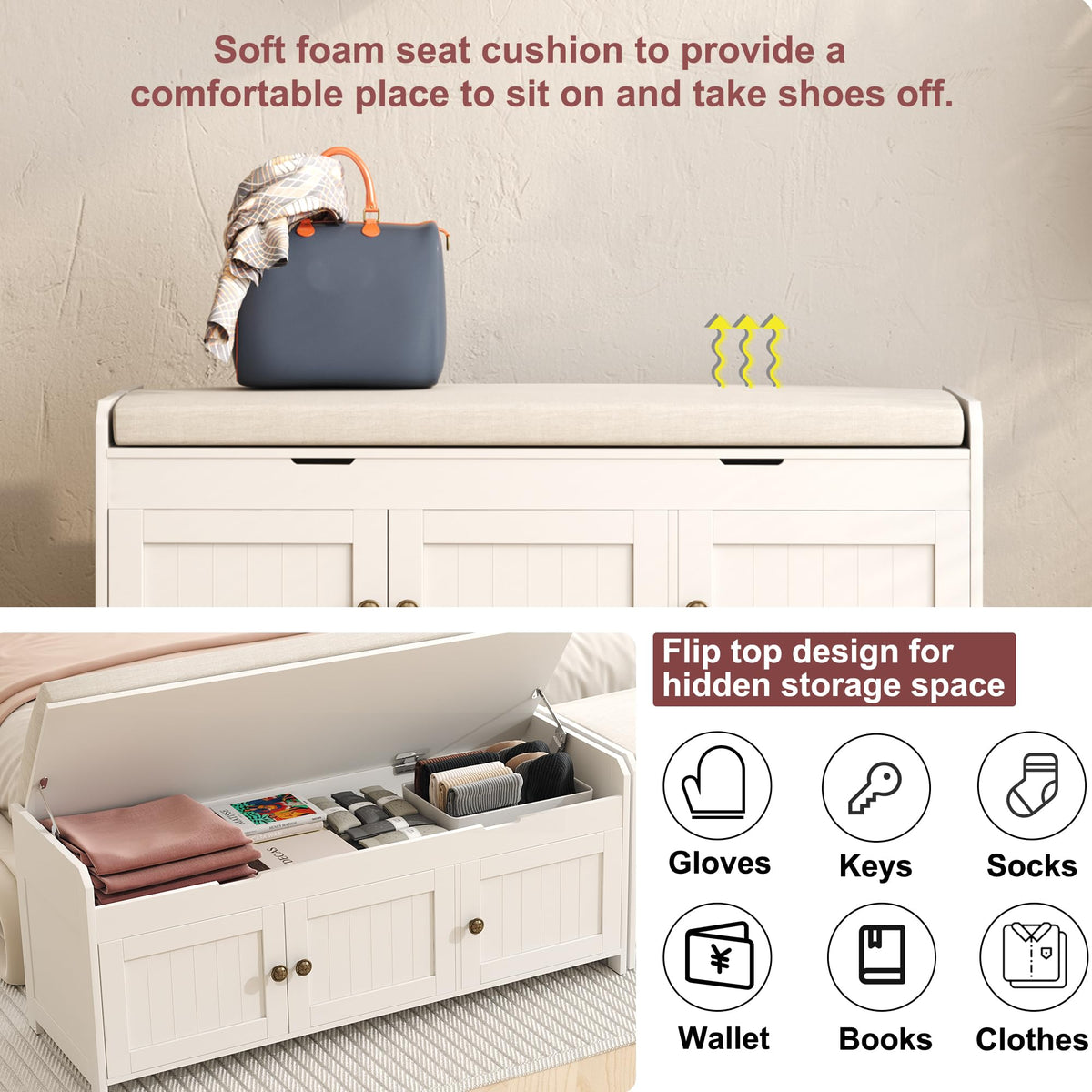 White Lift Top Storage Shoe Bench with Cushioned Seat Z741593