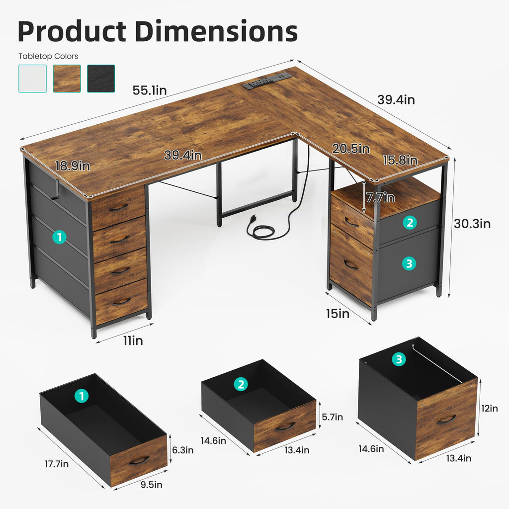 55 Inch L Shaped Office Desk with 6 Drawers Z320752