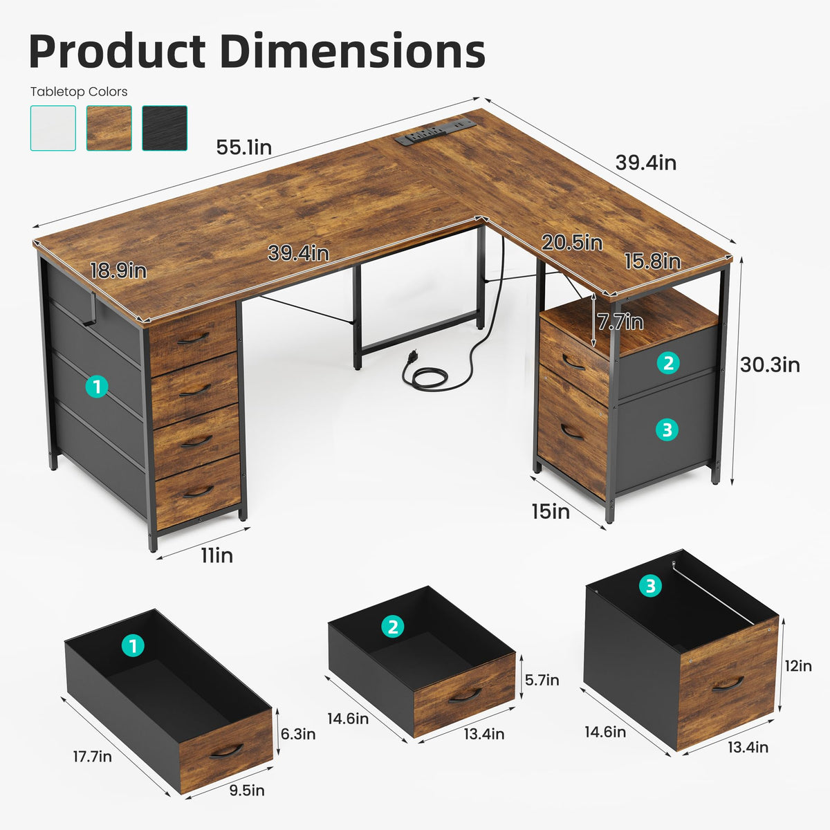 55 Inch L Shaped Office Desk with 6 Drawers Z320752