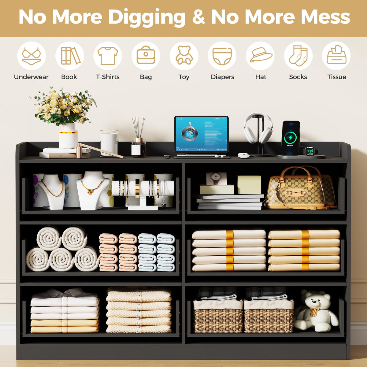 Black Dresser with Power Outlet and LED Lights C57287