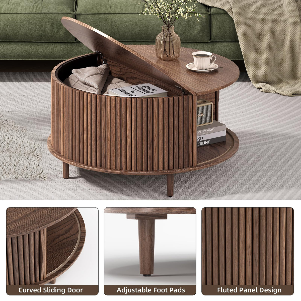 Round Coffee Table with Storage, 31.5", Walnut L1978