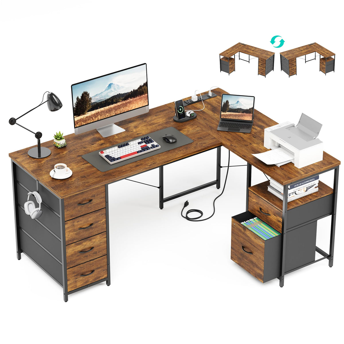 55 Inch L Shaped Office Desk with 6 Drawers Z320752