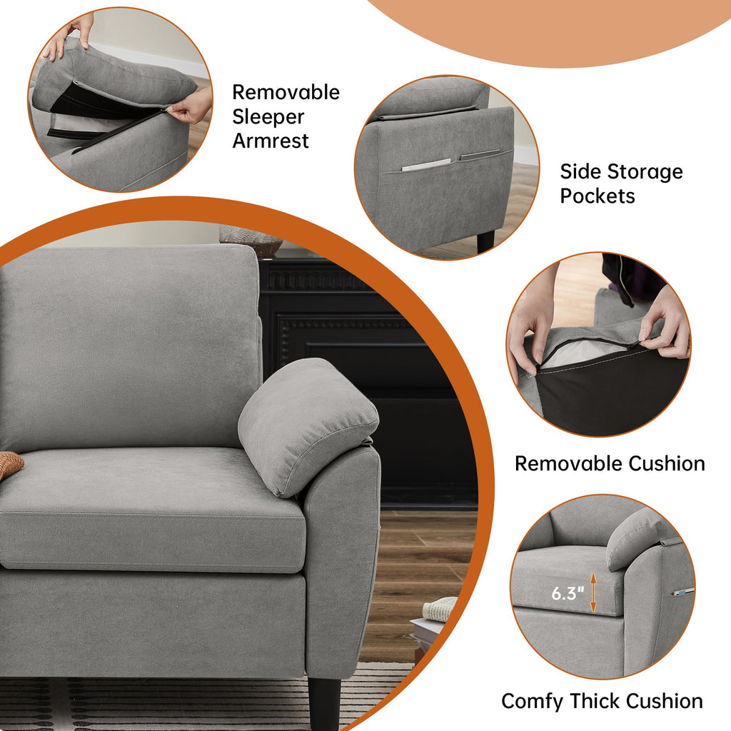 Light Grey Linen Loveseat Sofa with Side Pocket L99932