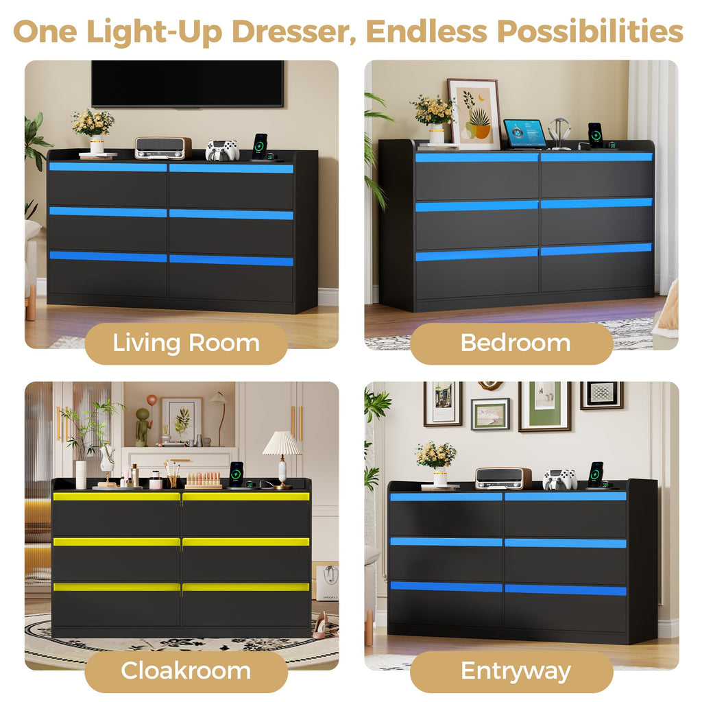 Black Dresser with Power Outlet and LED Lights C57287