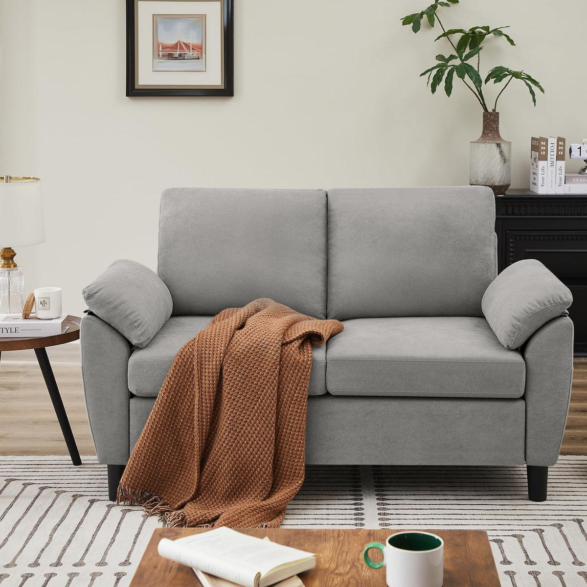 Light Grey Linen Loveseat Sofa with Side Pocket L99932