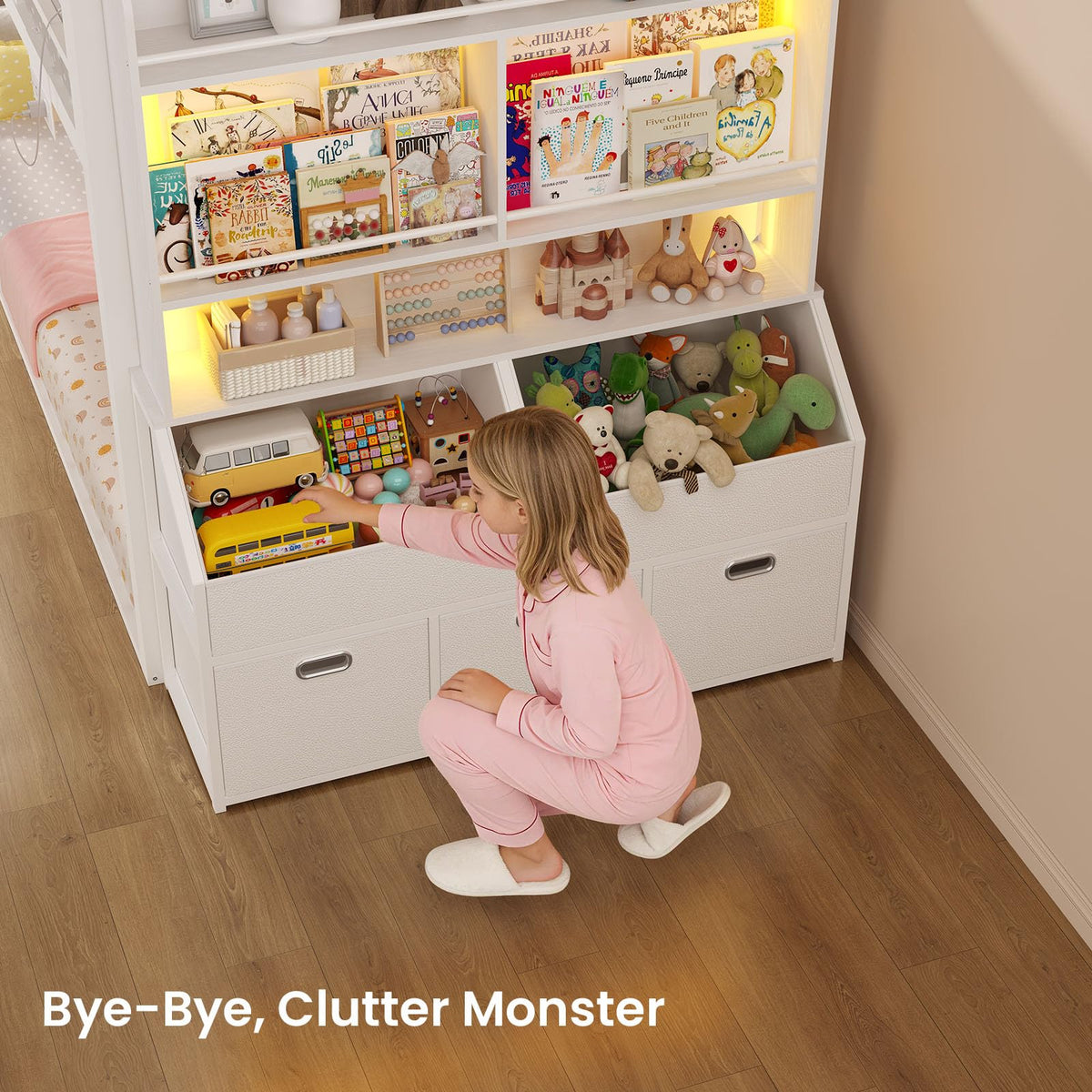 Twin Over Twin Bunk Bed with Bookshelf and Drawers E5949