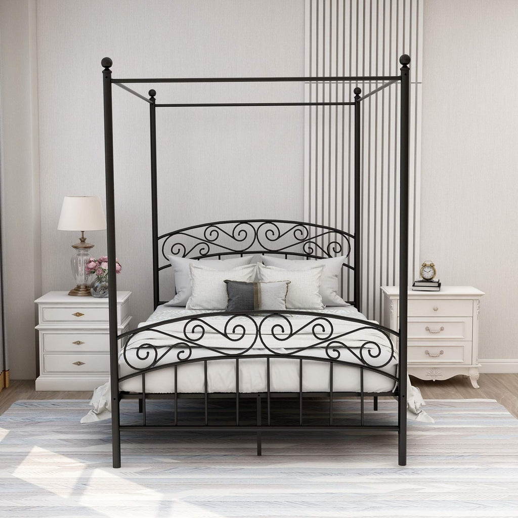 Black Four-Poster Metal Canopy Bed Frame I197604