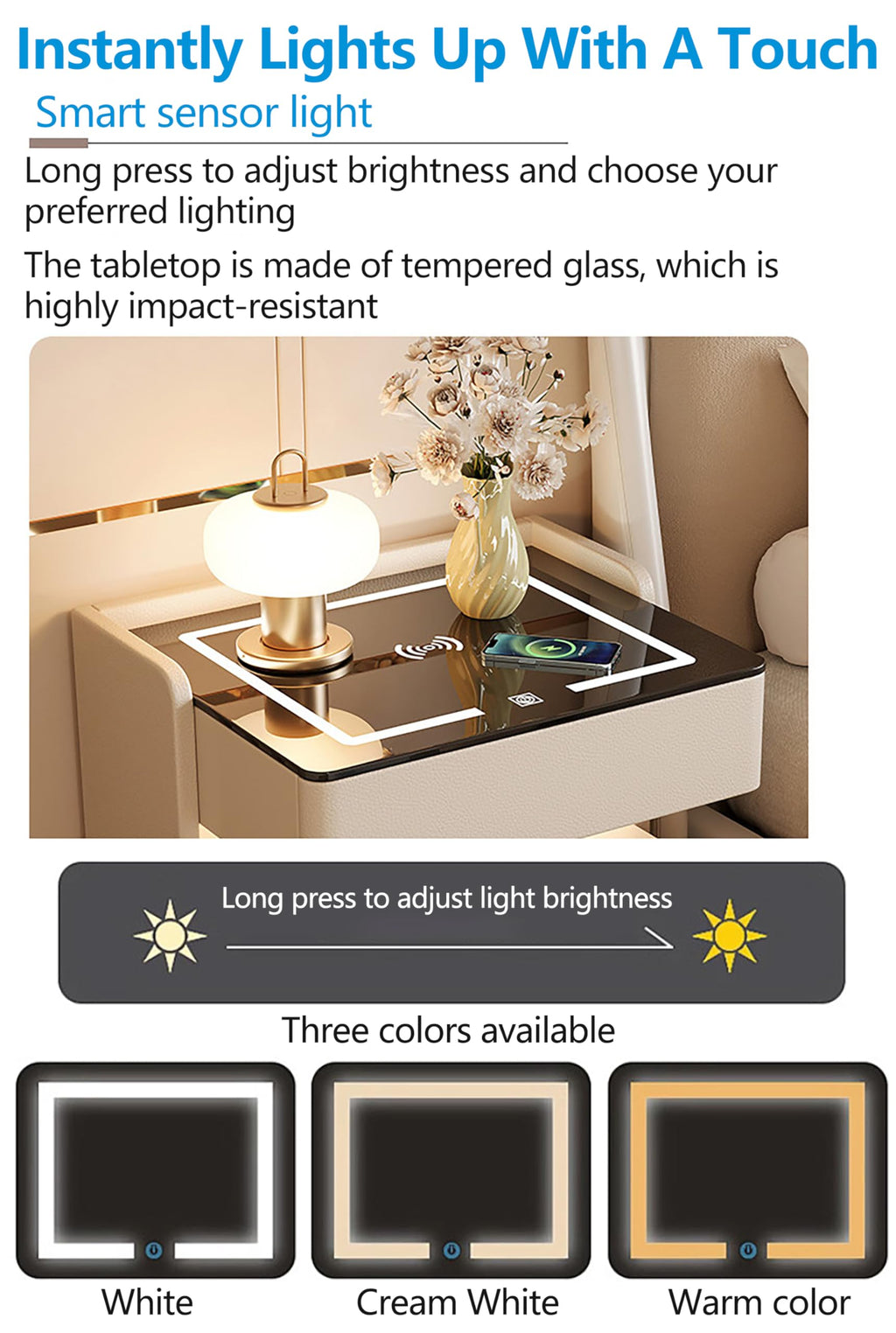 Smart Nightstand with 2 Storage Drawer, Wireless Charging Station, 3-Color Adjustable LED Light, Solid Wood Side Table K7391