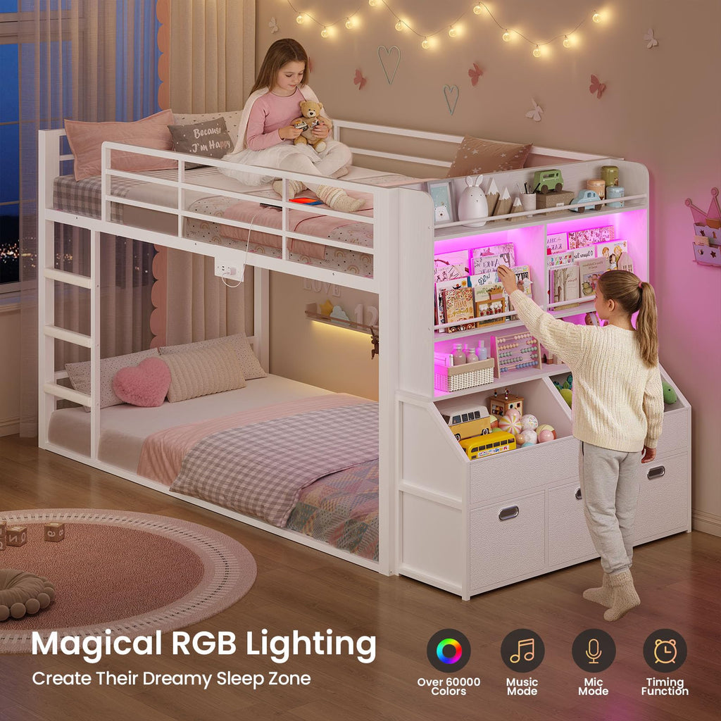 Twin Over Twin Bunk Bed with Bookshelf and Drawers E5949