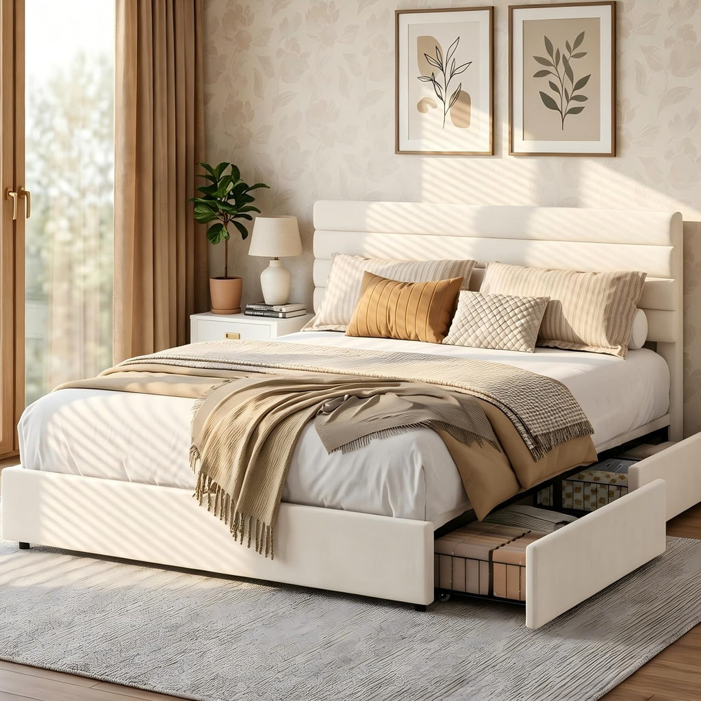 Queen Size Velvet Upholstered Storage Bed with 4 Drawers U859545