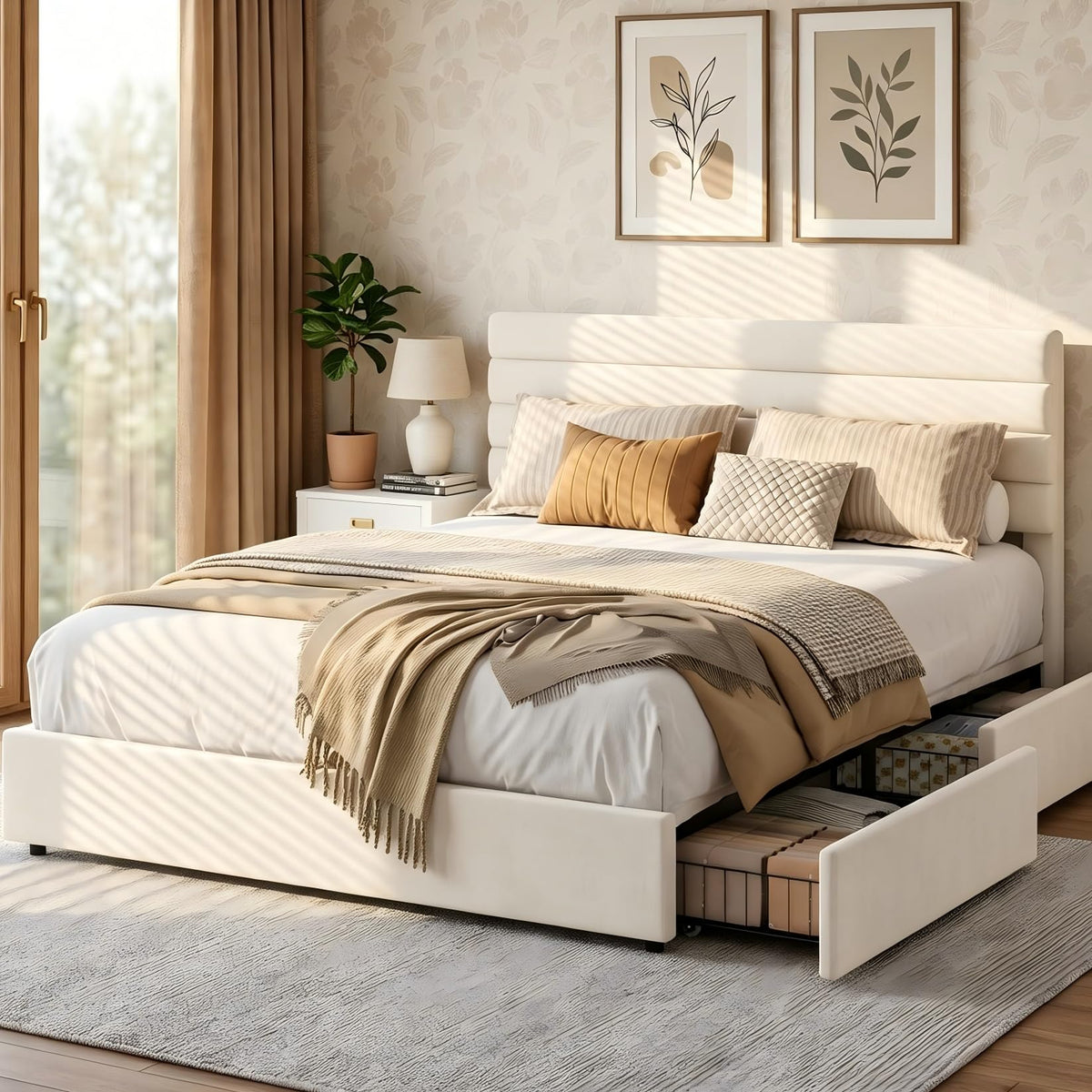 Queen Size Velvet Upholstered Storage Bed with 4 Drawers U859545