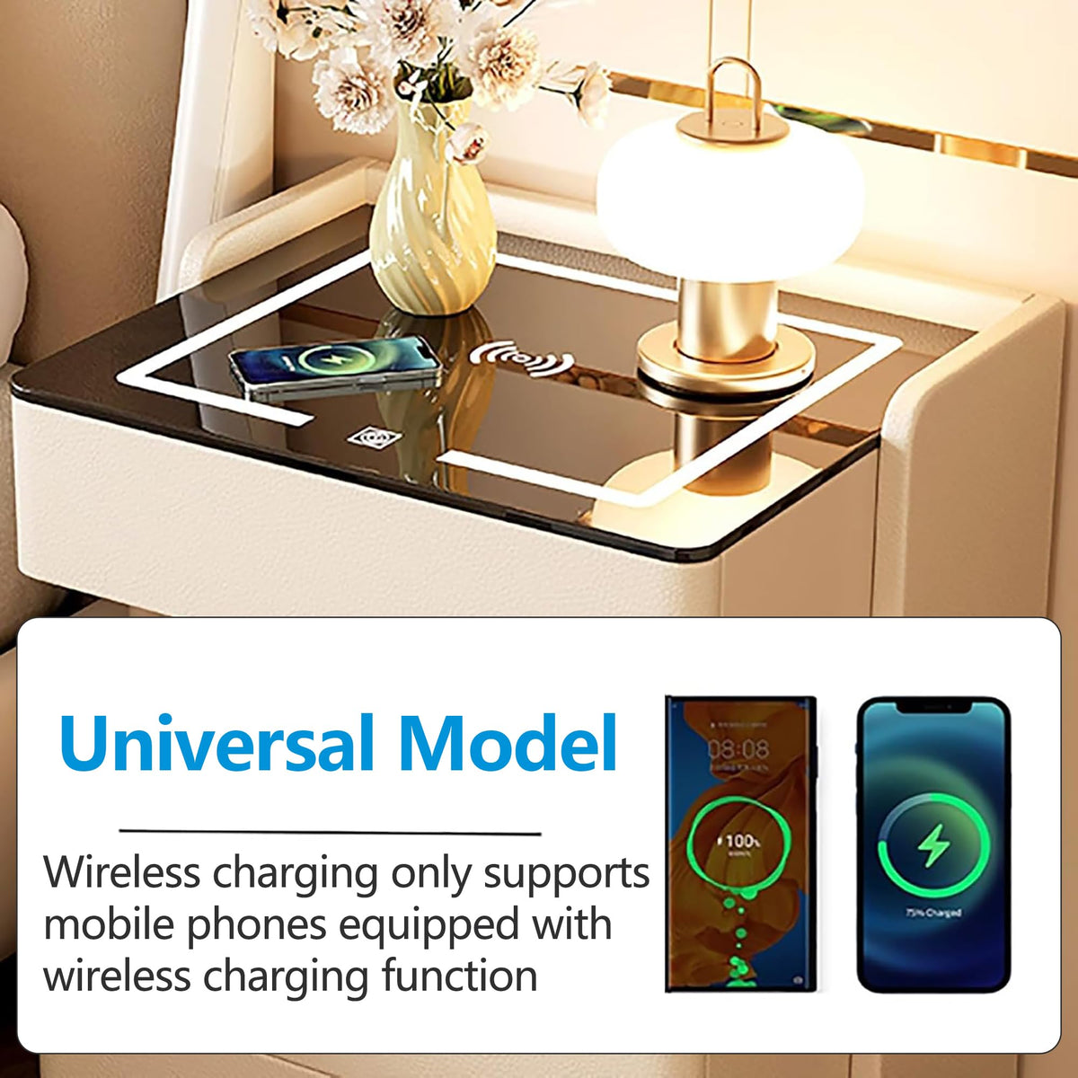 Smart Nightstand with 2 Storage Drawer, Wireless Charging Station, 3-Color Adjustable LED Light, Solid Wood Side Table K7391