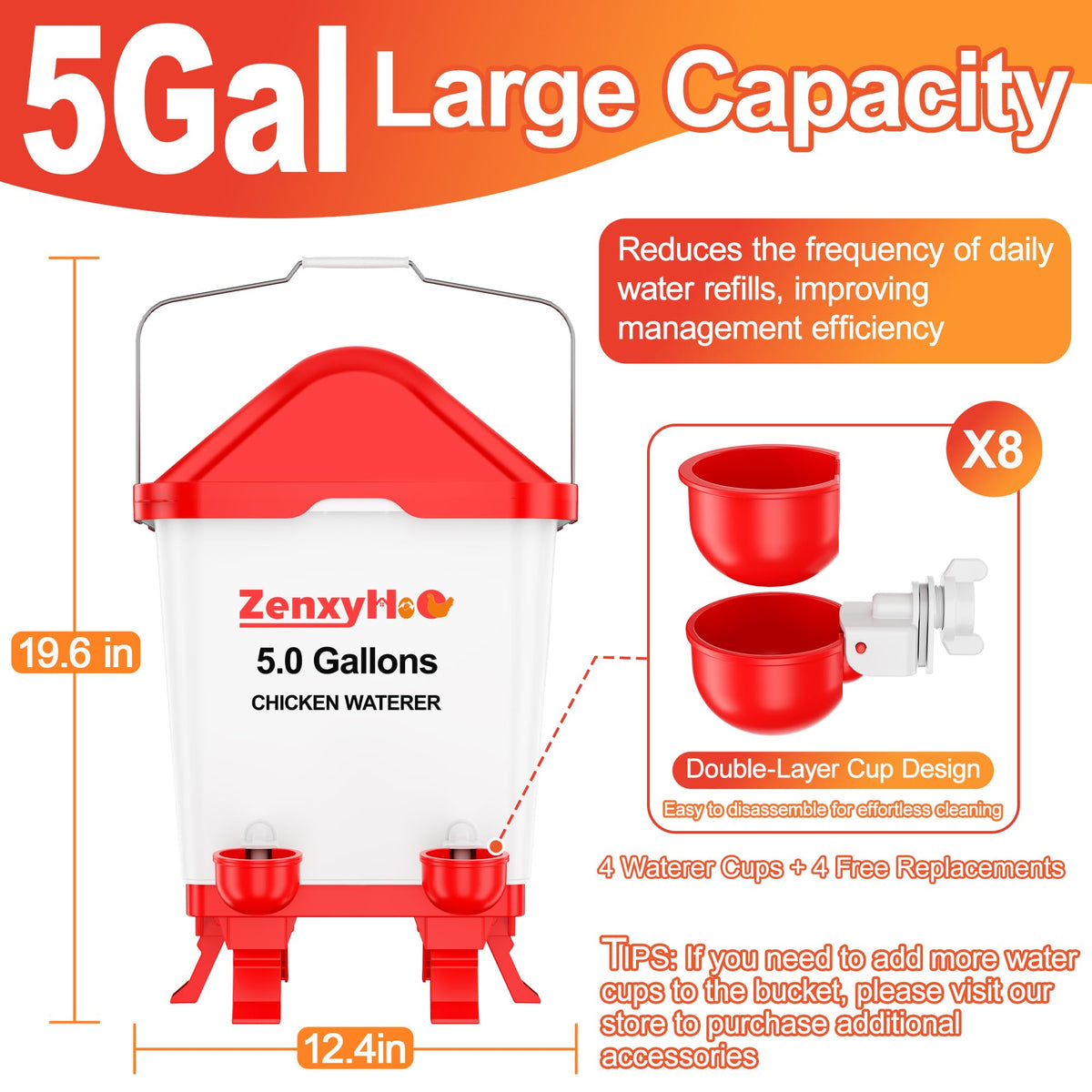 5.0 Gal Chicken Waterer Bucket with 4 Cups K88036