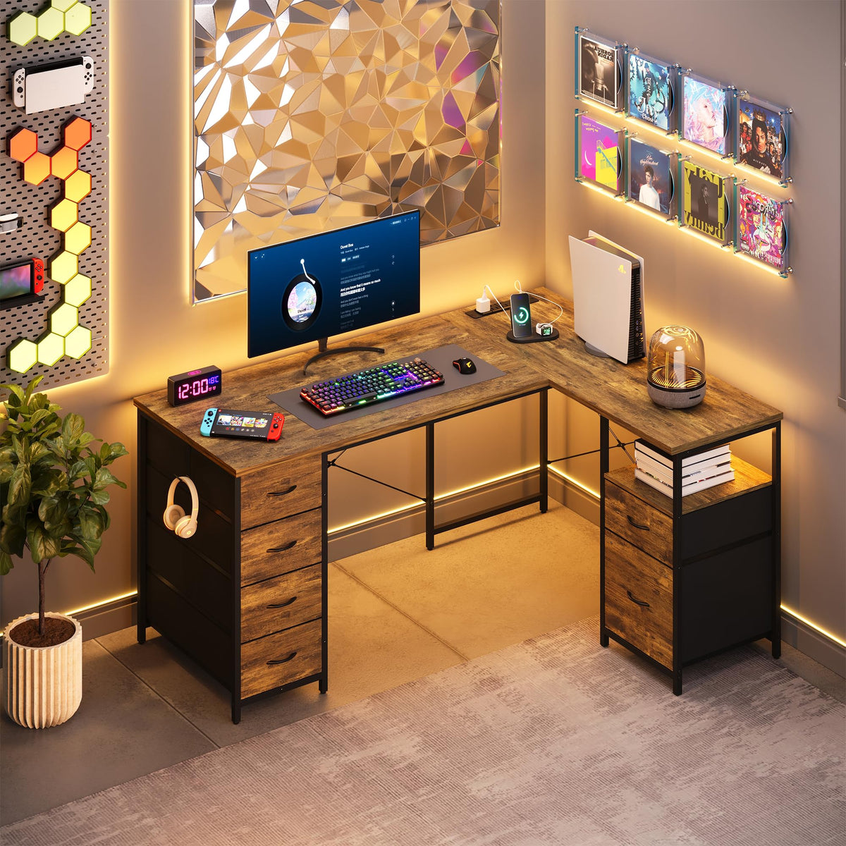 55 Inch L Shaped Office Desk with 6 Drawers Z320752
