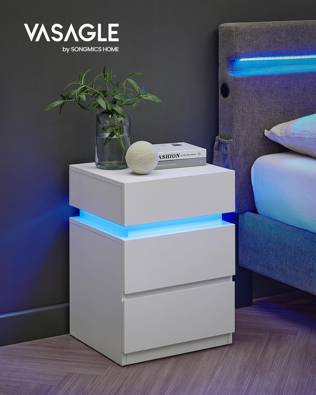 LED Nightstand with Charging Station, 3 Drawers D6502