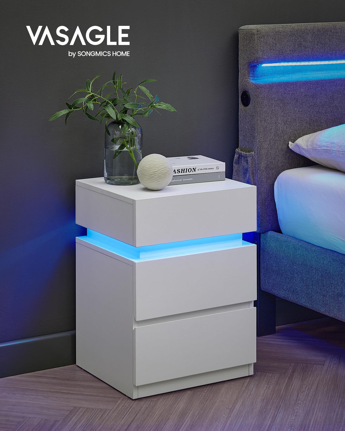 LED Nightstand with Charging Station, 3 Drawers D6502