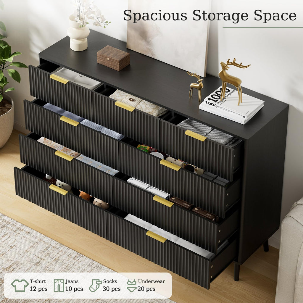 Black 9 Drawer Fluted Wood Dresser P1351