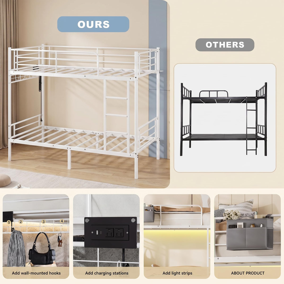 White Twin Over Twin Bunk Bed with LED Lights and Charging Station L86340