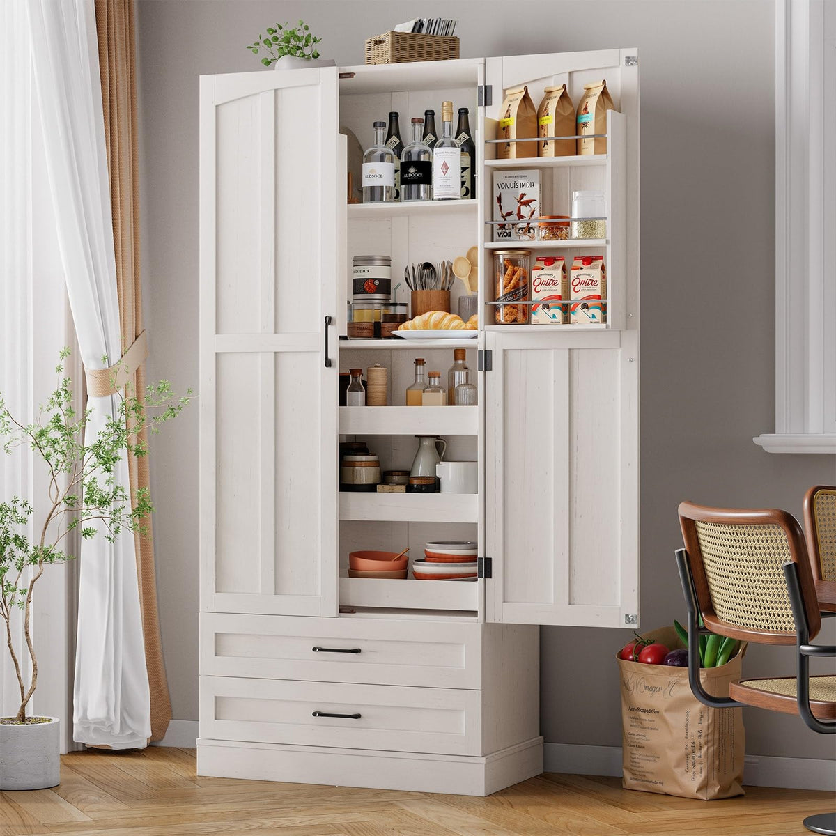 71" Off-White Kitchen Pantry Cabinet with 3 Pull-Out Shelf & 2 Drawer R203261