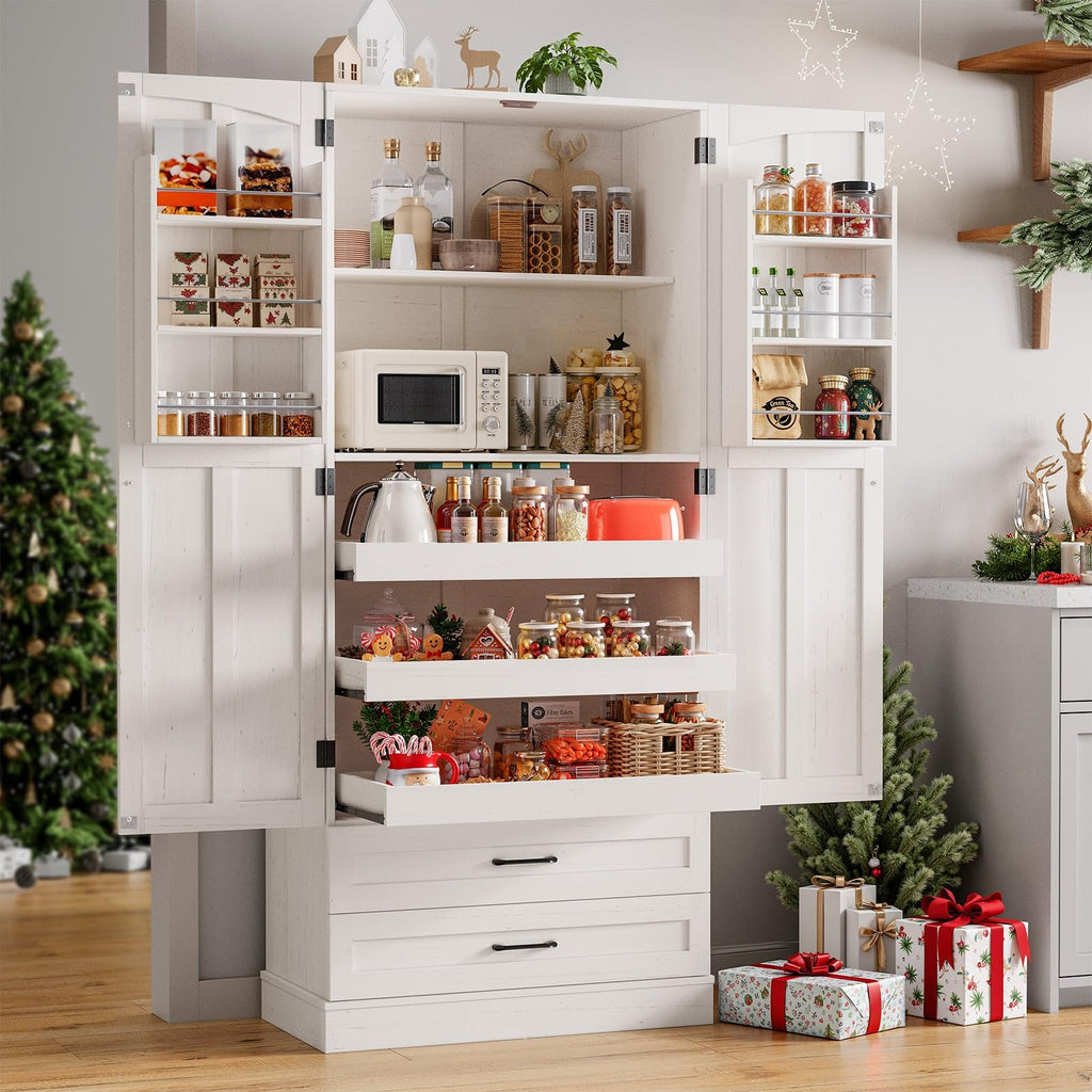 71" Off-White Kitchen Pantry Cabinet with 3 Pull-Out Shelf & 2 Drawer R203261