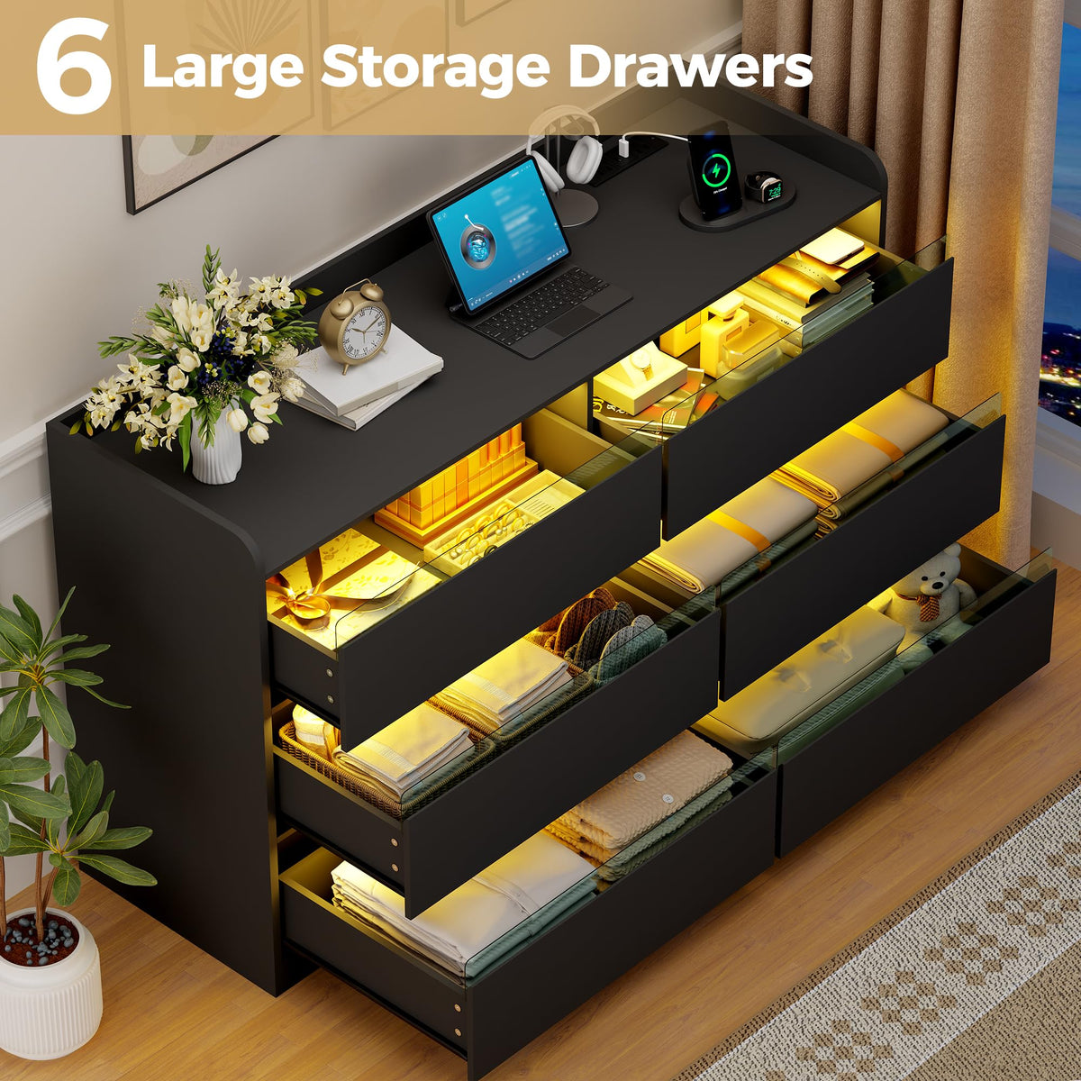 Black Dresser with Power Outlet and LED Lights C57287