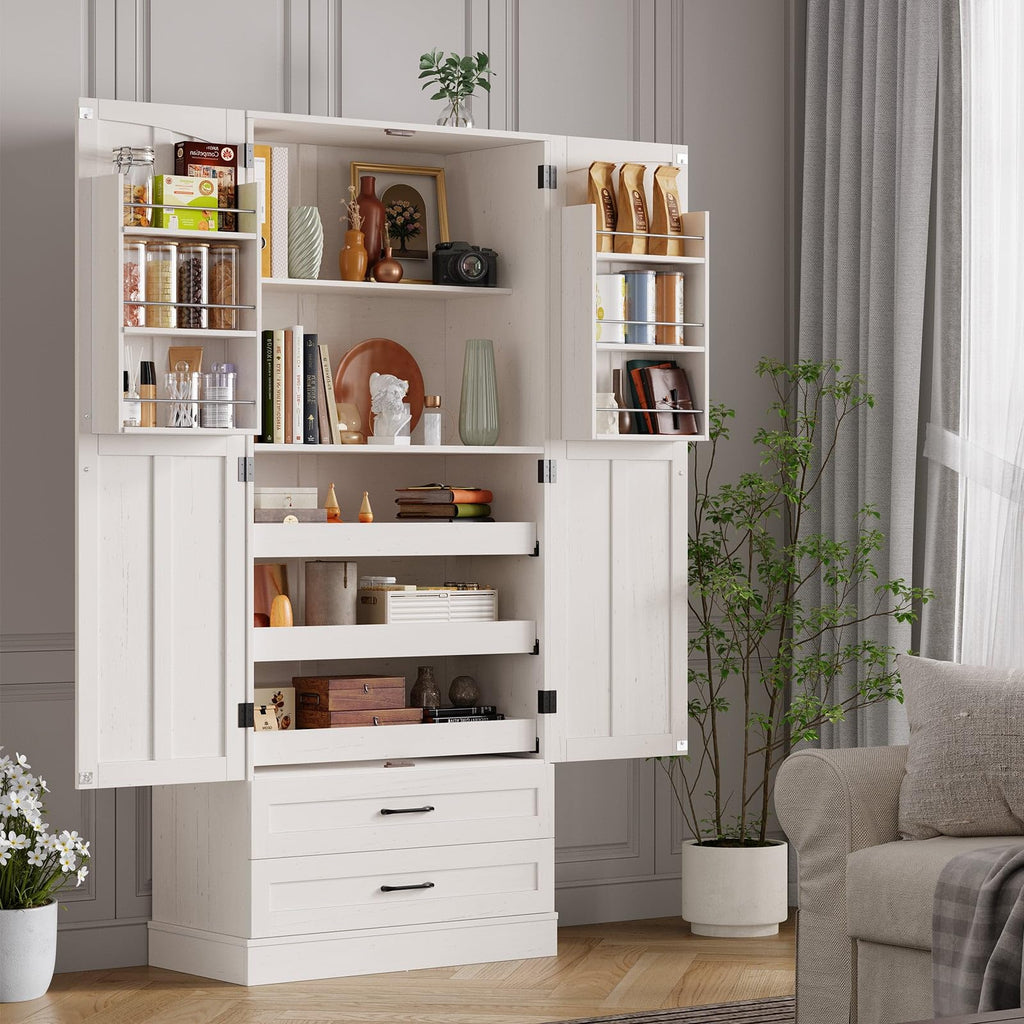 71" Off-White Kitchen Pantry Cabinet with 3 Pull-Out Shelf & 2 Drawer R203261