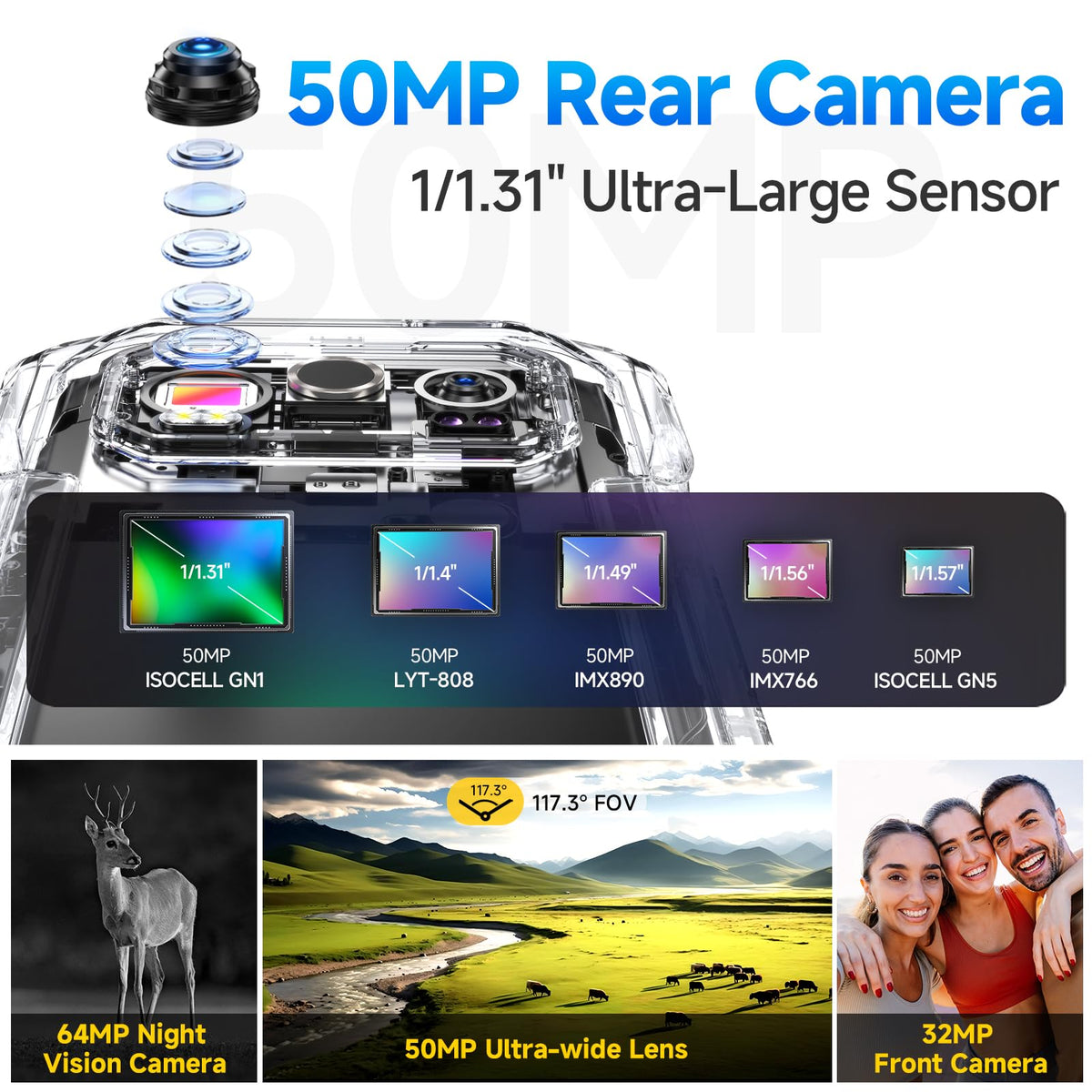 Rugged Smartphone Unlocked 64MP Night Vision 50MP Ultra-Wide Camera H6505