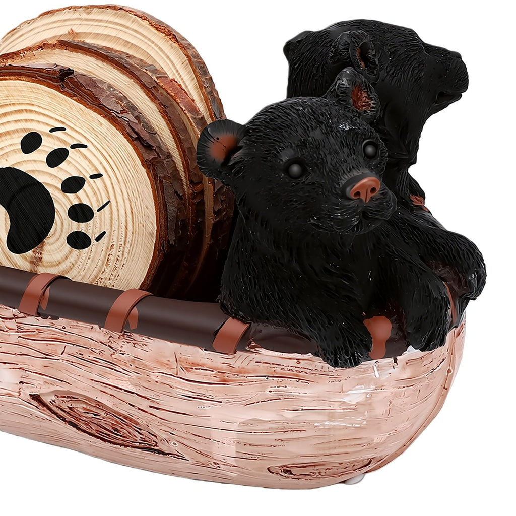 Set of 6 Black Bear Coaster Set with Canoe Holder J375