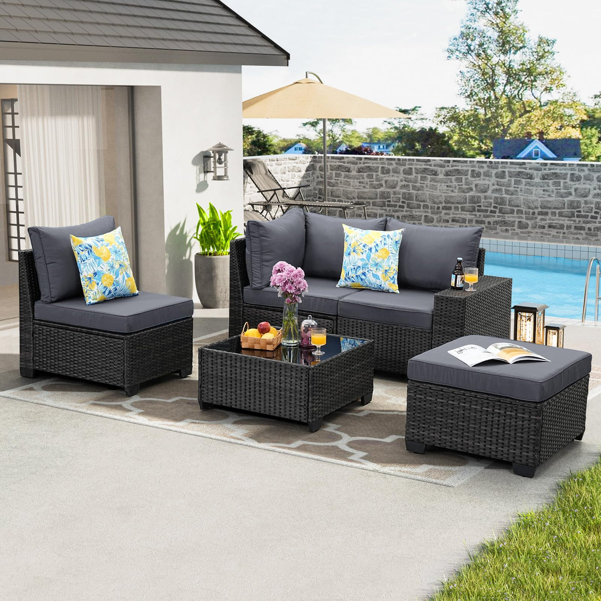 5 Pieces Wicker PE Rattan Patio Furniture Set with Cushion & Coffee Table, Grey L24854