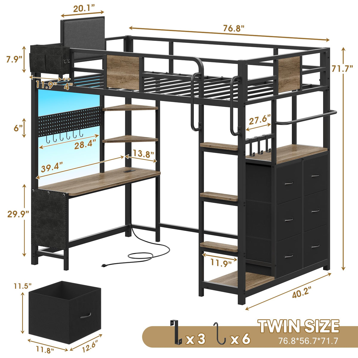 Twin Loft Bed with Desk and 6 Storage Drawers Q819292