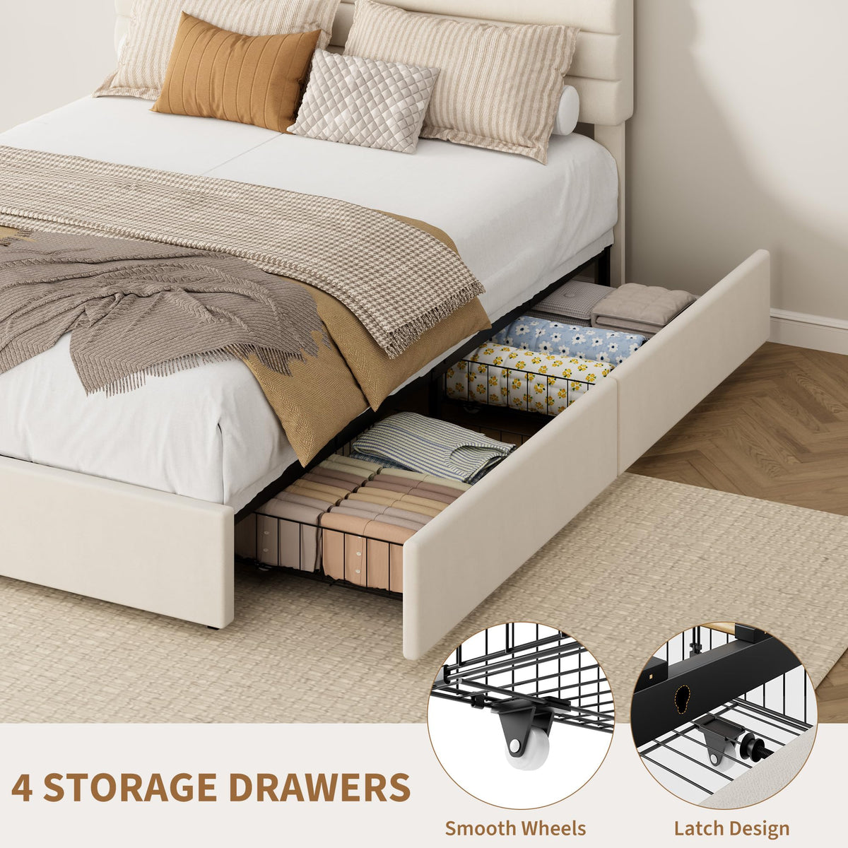 Queen Size Velvet Upholstered Storage Bed with 4 Drawers U859545