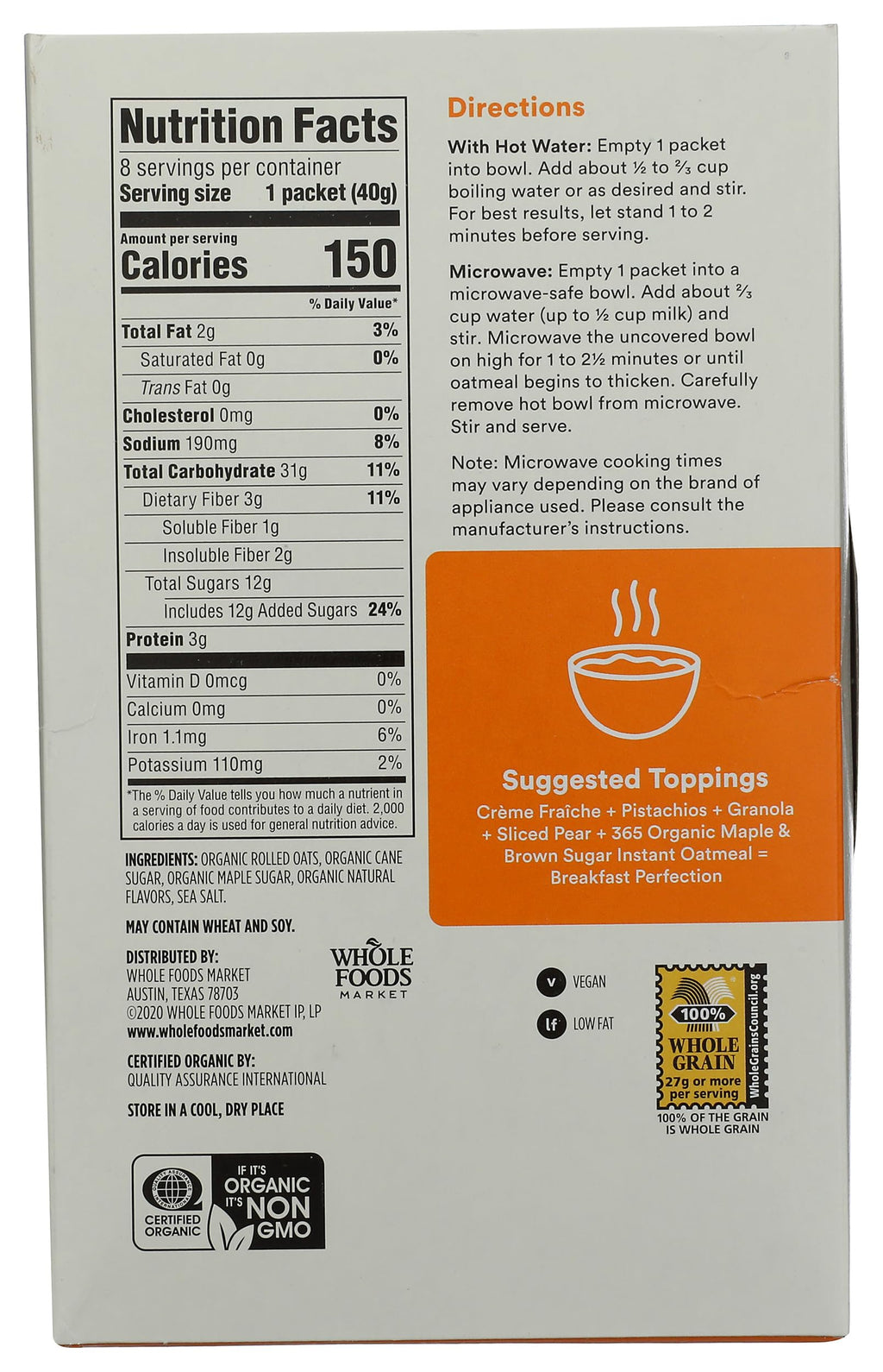 Organic Maple & Brown Sugar Instant Oatmeal Packets, 1.41 Ounce (Pack of 8) J708