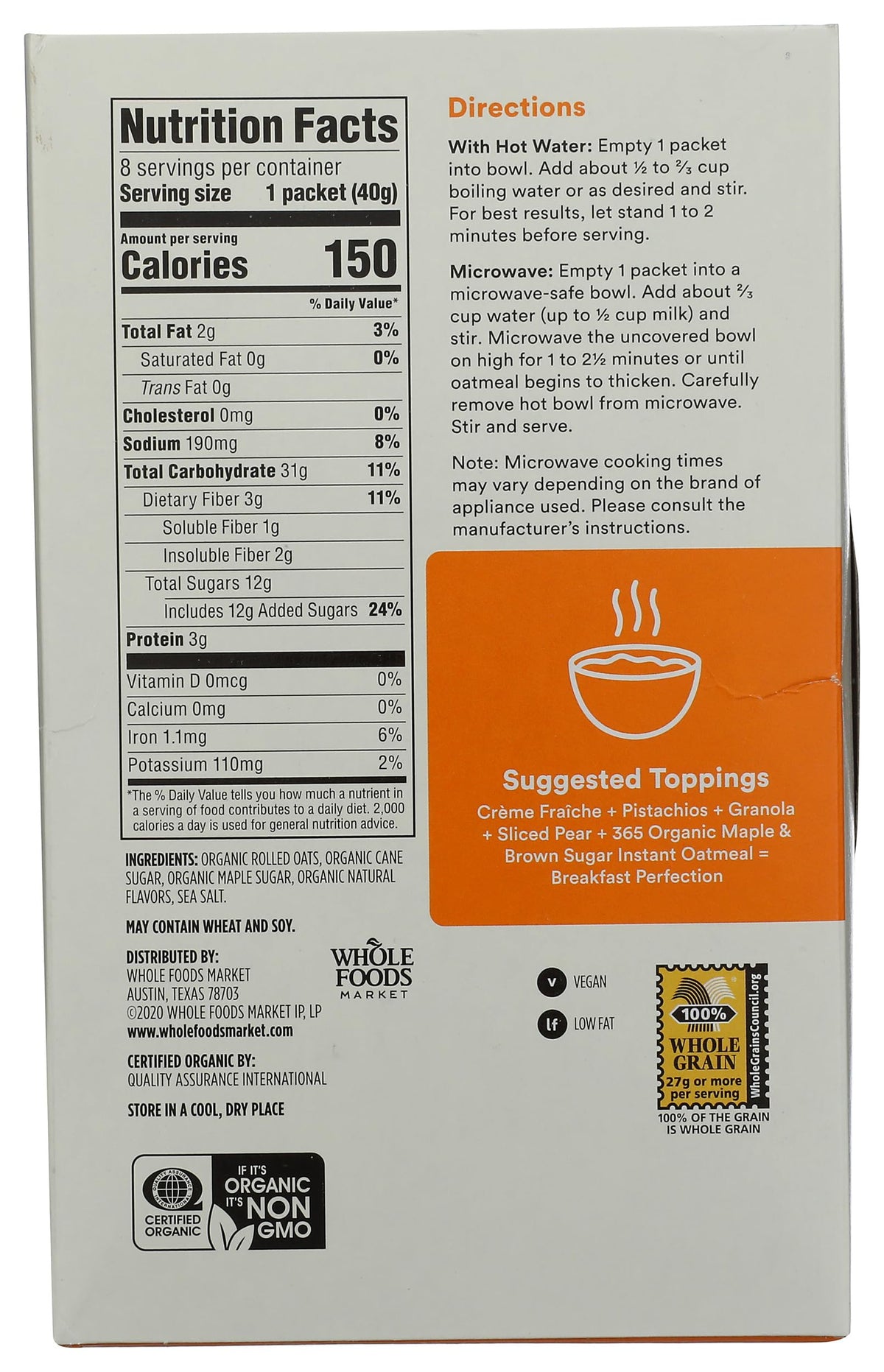 Organic Maple & Brown Sugar Instant Oatmeal Packets, 1.41 Ounce (Pack of 8) J708
