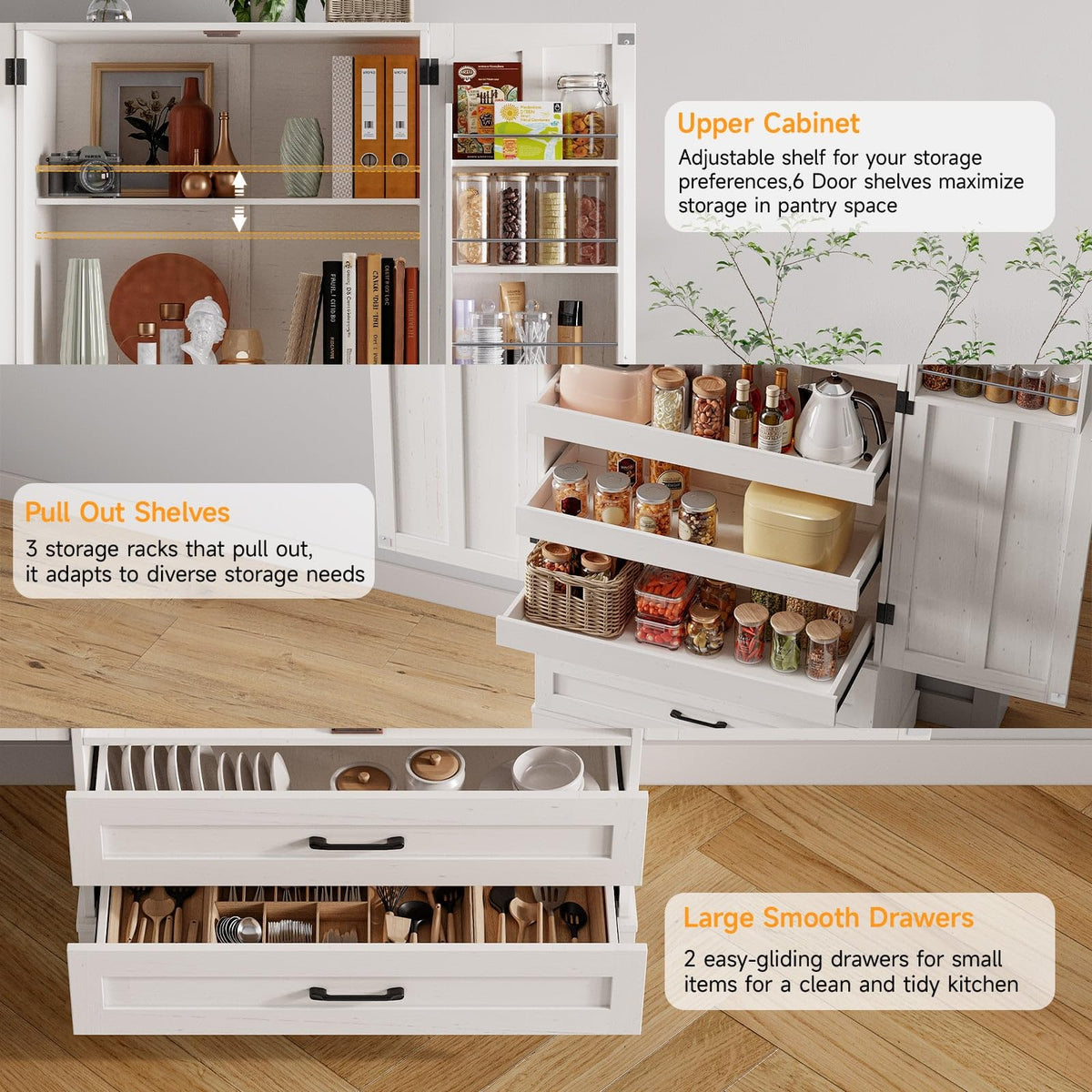 71" Off-White Kitchen Pantry Cabinet with 3 Pull-Out Shelf & 2 Drawer R203261
