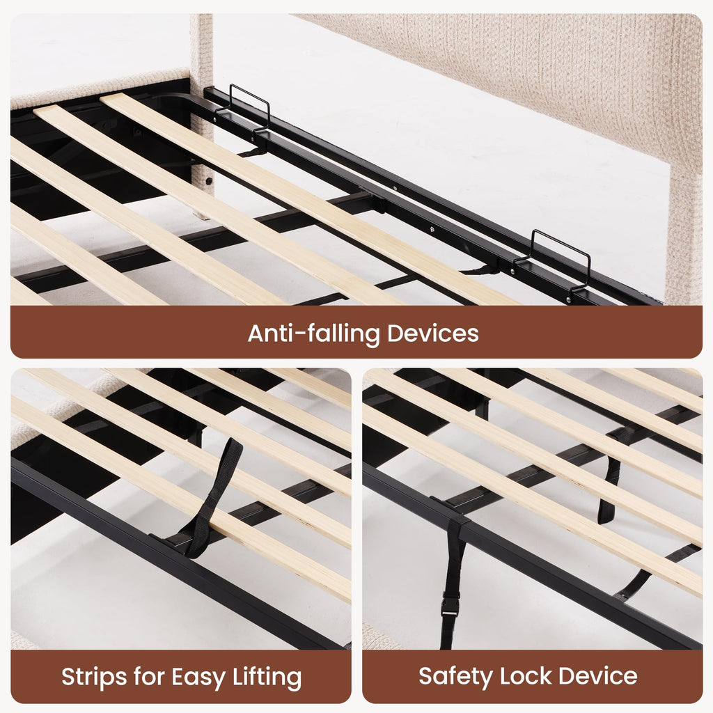 Queen Lift Up Storage Bed Frame with Adjustable Headboard, Beige P457