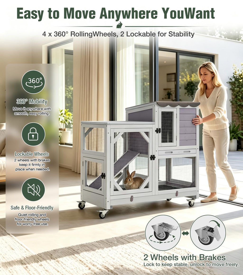 Wooden Rabbit Cage on Wheels with Ramp B397