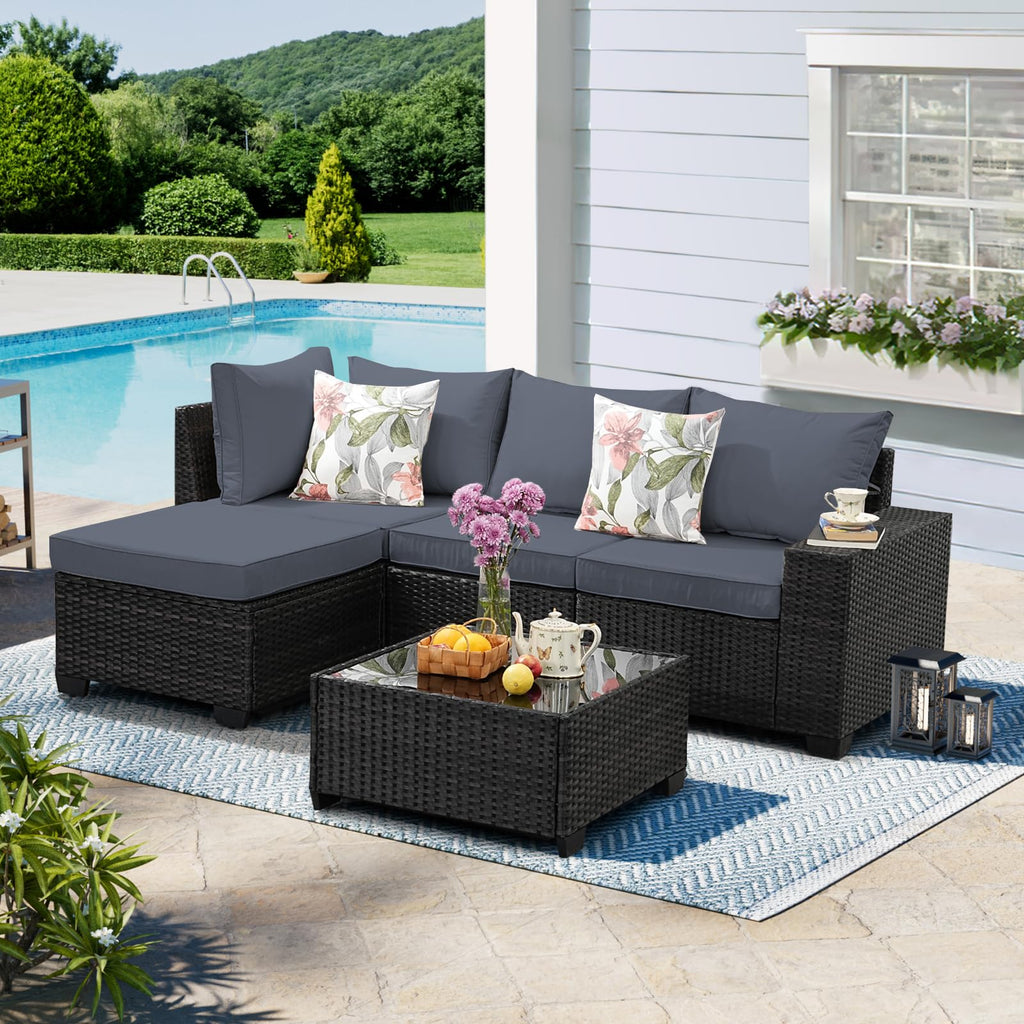 5 Pieces Wicker PE Rattan Patio Furniture Set with Cushion & Coffee Table, Grey L24854