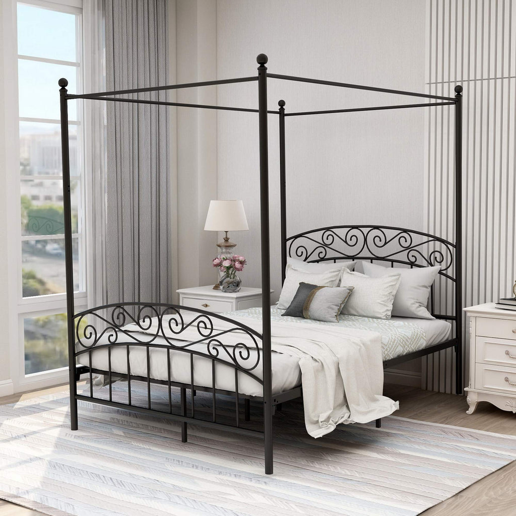 Black Four-Poster Metal Canopy Bed Frame I197604