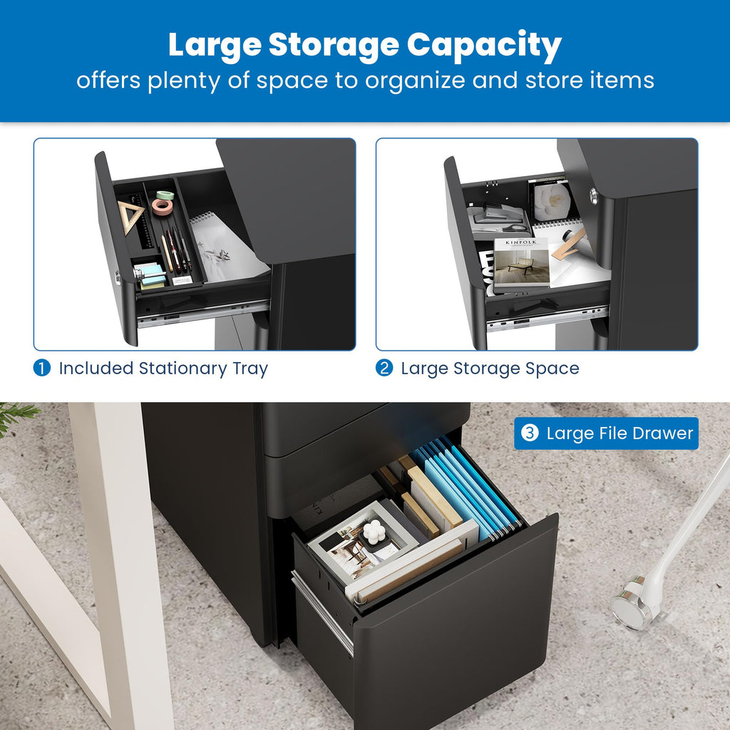 Black 3 Drawer Rolling File Cabinet with Lock M537