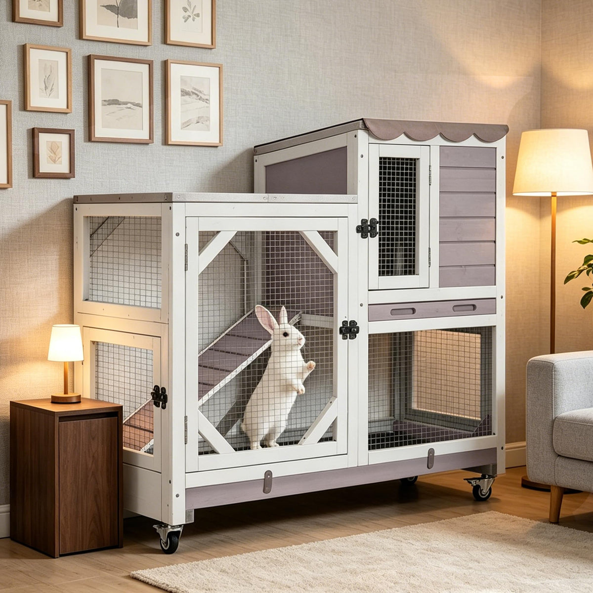 Wooden Rabbit Cage on Wheels with Ramp B397