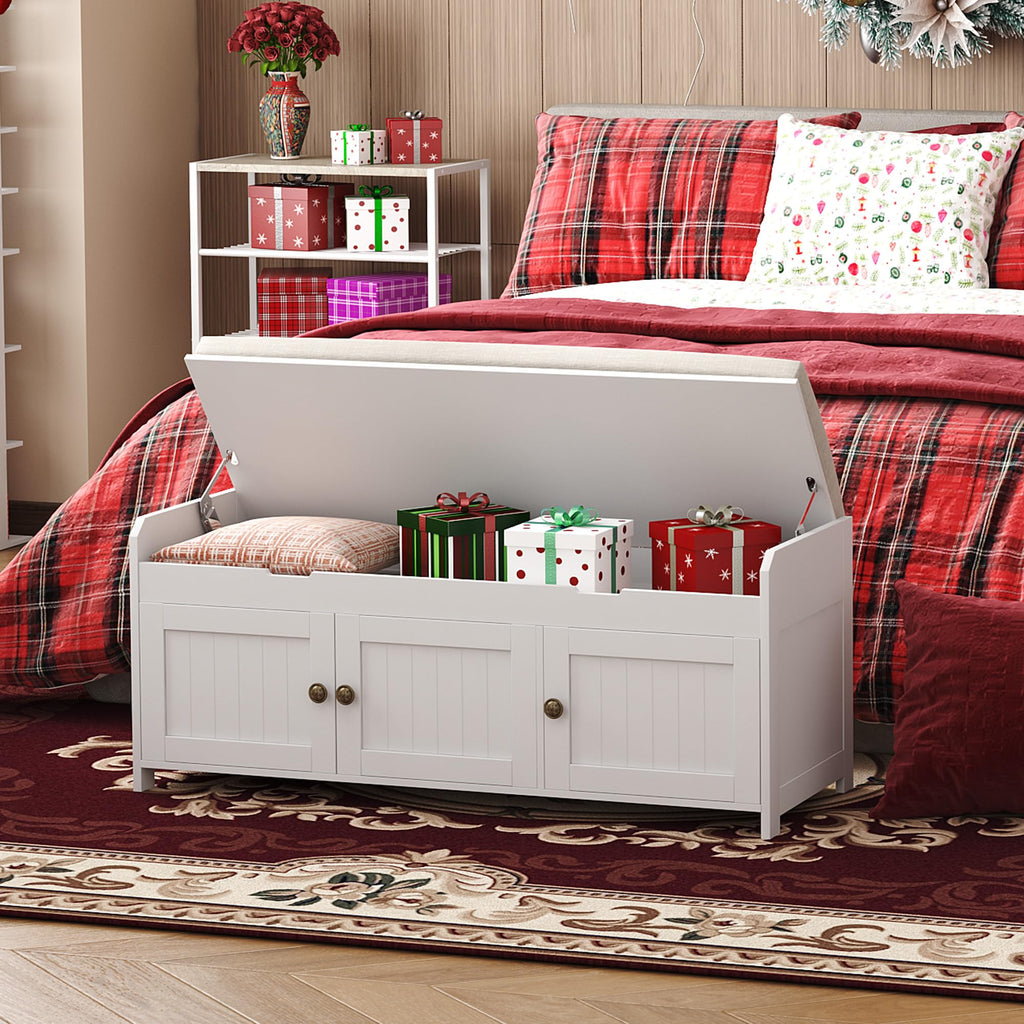 White Lift Top Storage Shoe Bench with Cushioned Seat Z741593