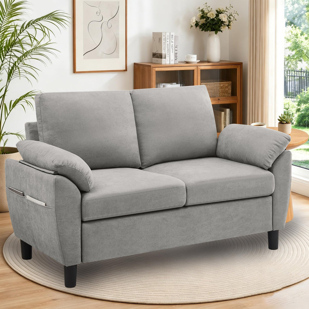 Light Grey Linen Loveseat Sofa with Side Pocket L99932