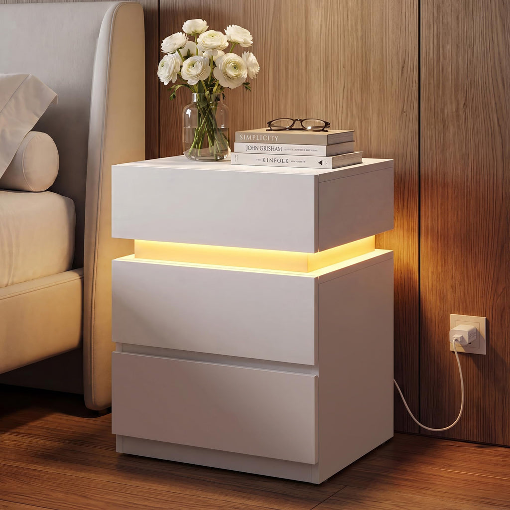 LED Nightstand with Charging Station, 3 Drawers D6502