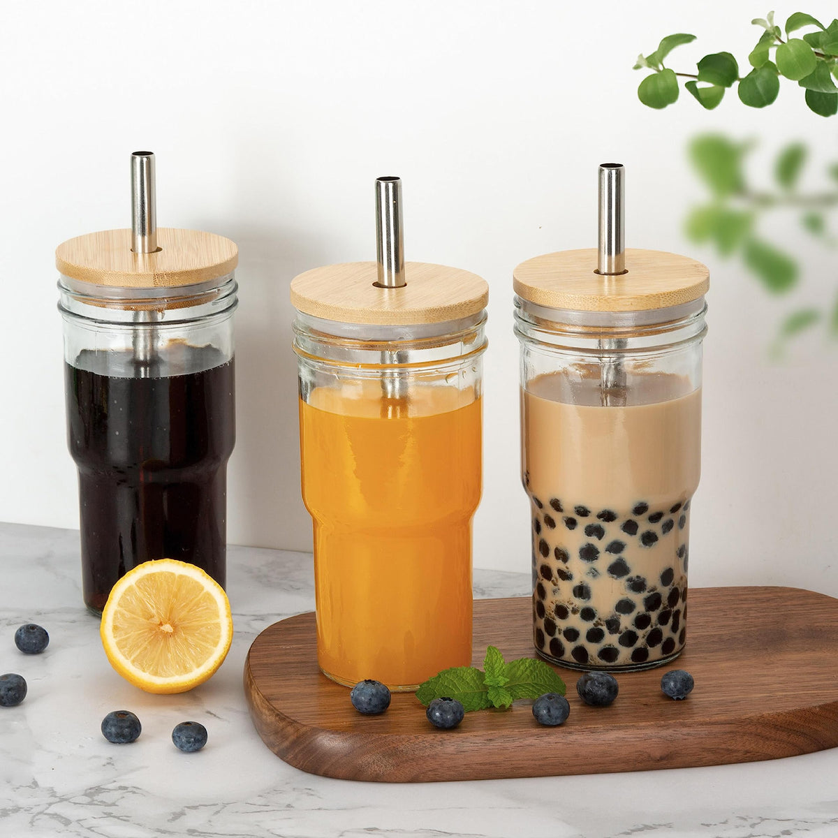 Glass Cups Set of 4 22oz Mason Jar Drinking Glasses with Bamboo Lids & Straws M985998