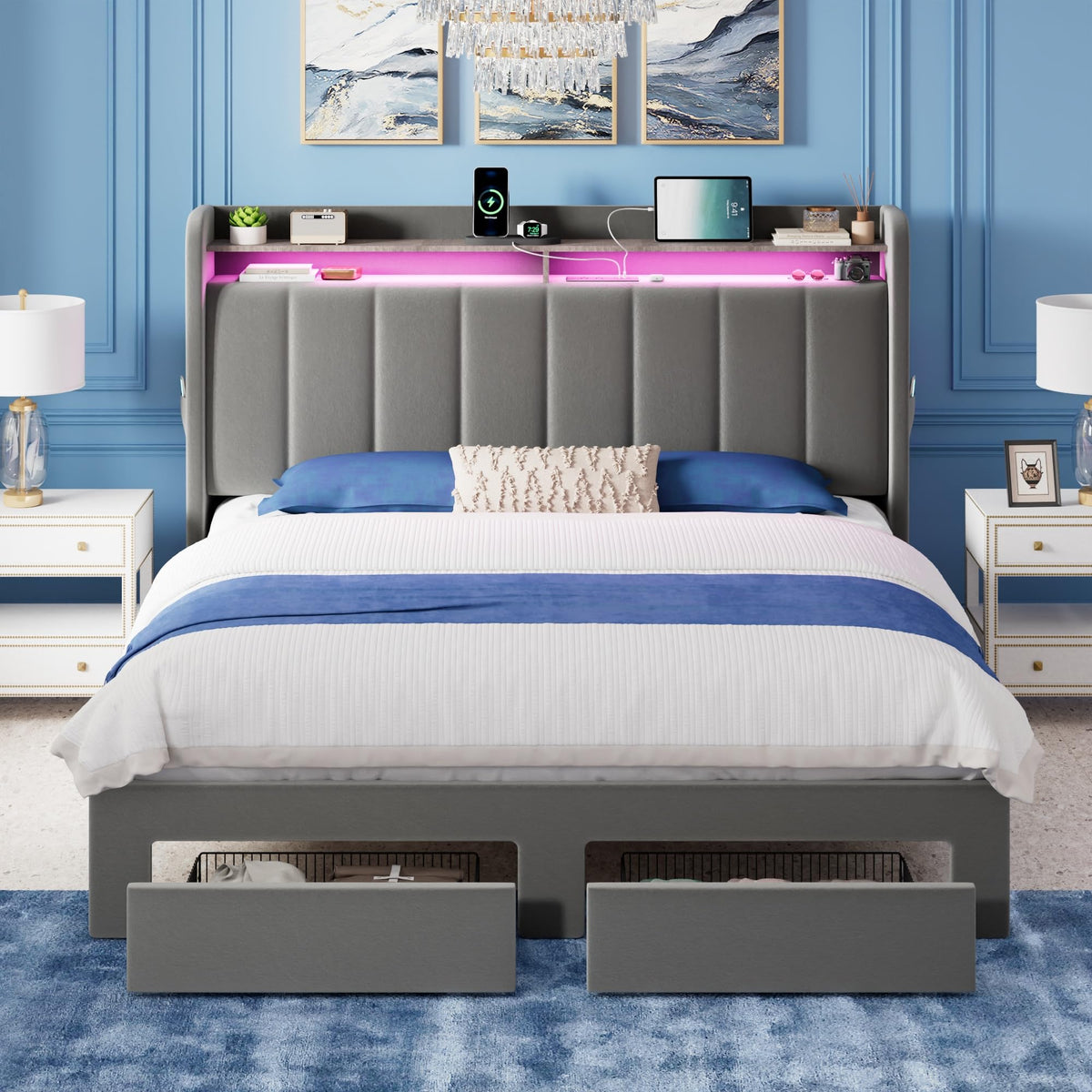 Full Size Bed Frame with Storage Headboard and Drawers K834485